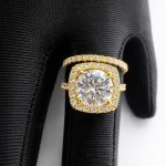 Cushion Round halo engagement ring with wedding bang