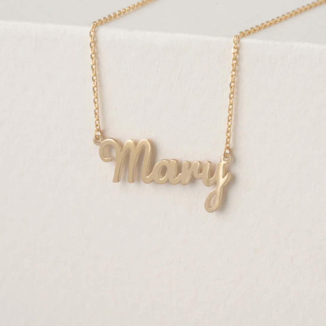 18k Gold Cursive Name Necklace-2 18k Gold Cursive Name Necklace with Polished Script Pendant