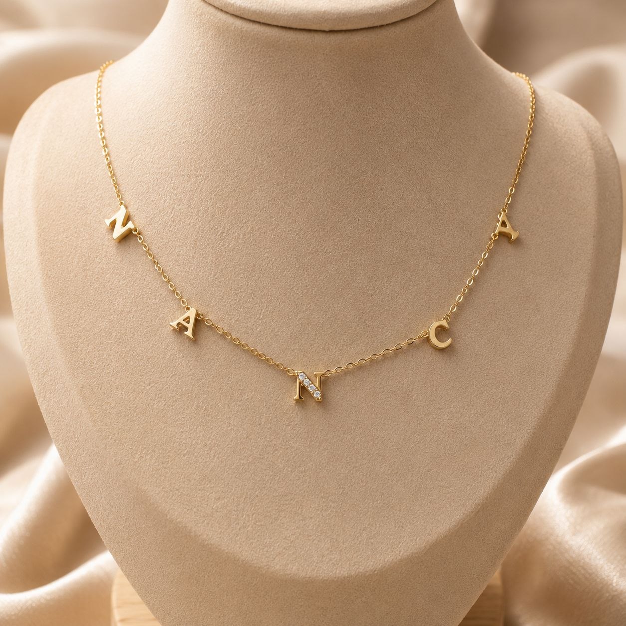 18k Gold Custom Spaced Letter Necklace-1 18k Gold Custom Spaced Letter Necklace with Cubic Zirconia Accent