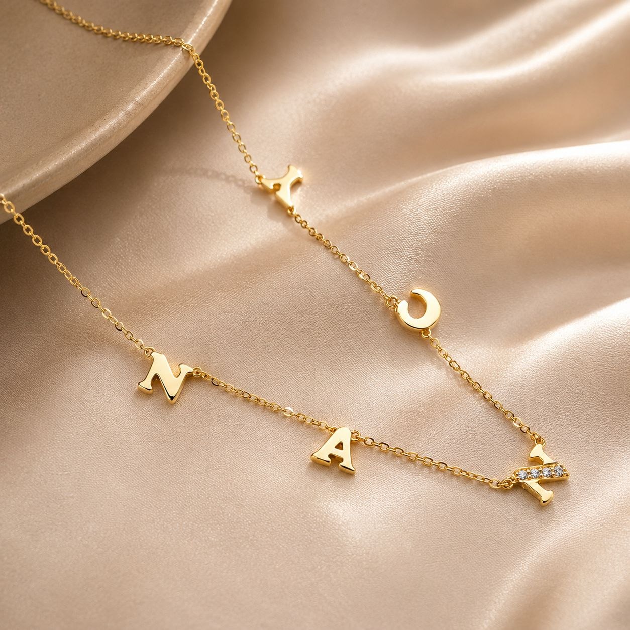 18k Gold Custom Spaced Letter Necklace 18k Gold Custom Spaced Letter Necklace with Cubic Zirconia Accent
