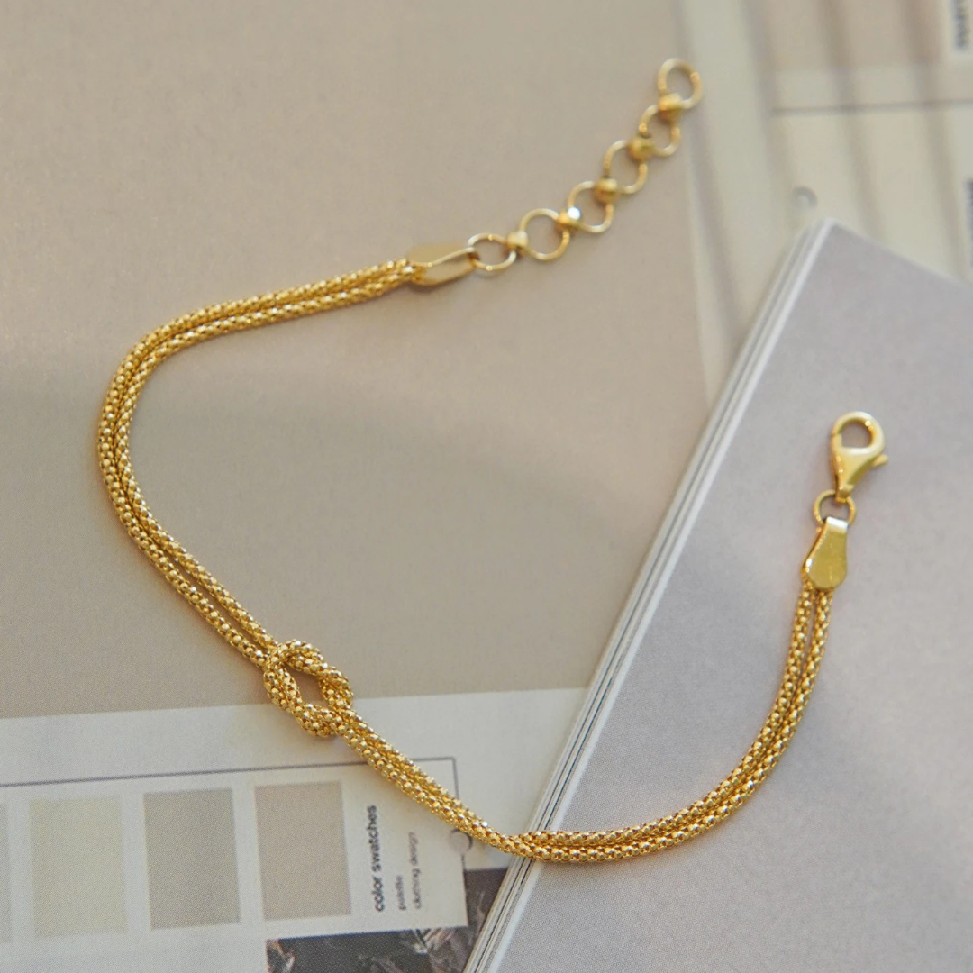 Double Chain Love Knot Bracelet 18k Gold Double Chain Love Knot Bracelet with Layered Design