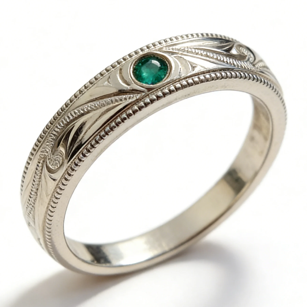 Engraved Solitaire Band-1 Engraved Solitaire Band in White Gold with Bezel Set Emerald Stone
