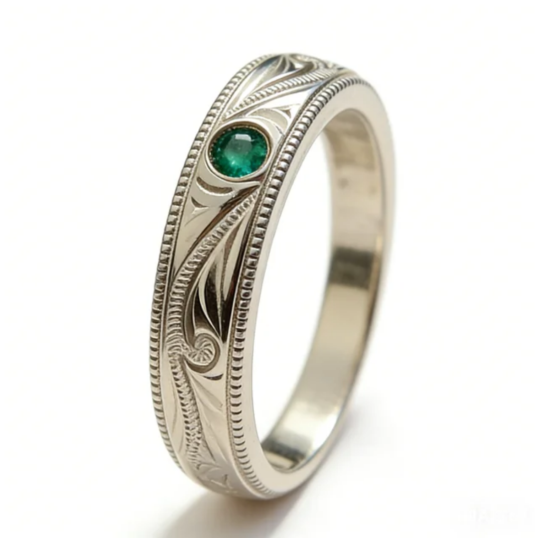 Engraved Solitaire Band-2 Engraved Solitaire Band in White Gold with Bezel Set Emerald Stone