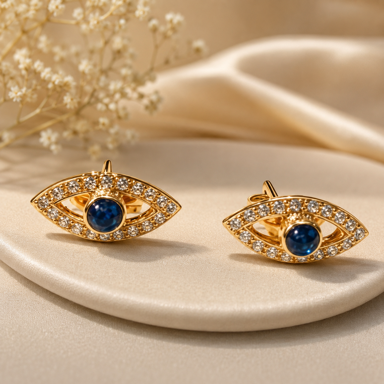 Evil Eye Pavé Stud Earrings-1 18k Solid Gold Evil Eye Pavé Stud Earrings with Blue Center Stones