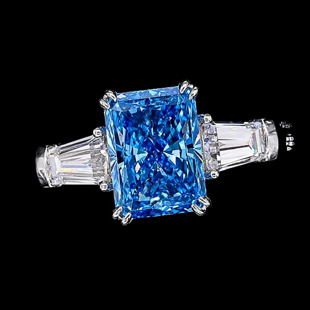 Fancy Blue Radiant Cut Three-Stone Ring-2 3ct Fancy Blue Radiant Cut Three-Stone Ring in White Gold