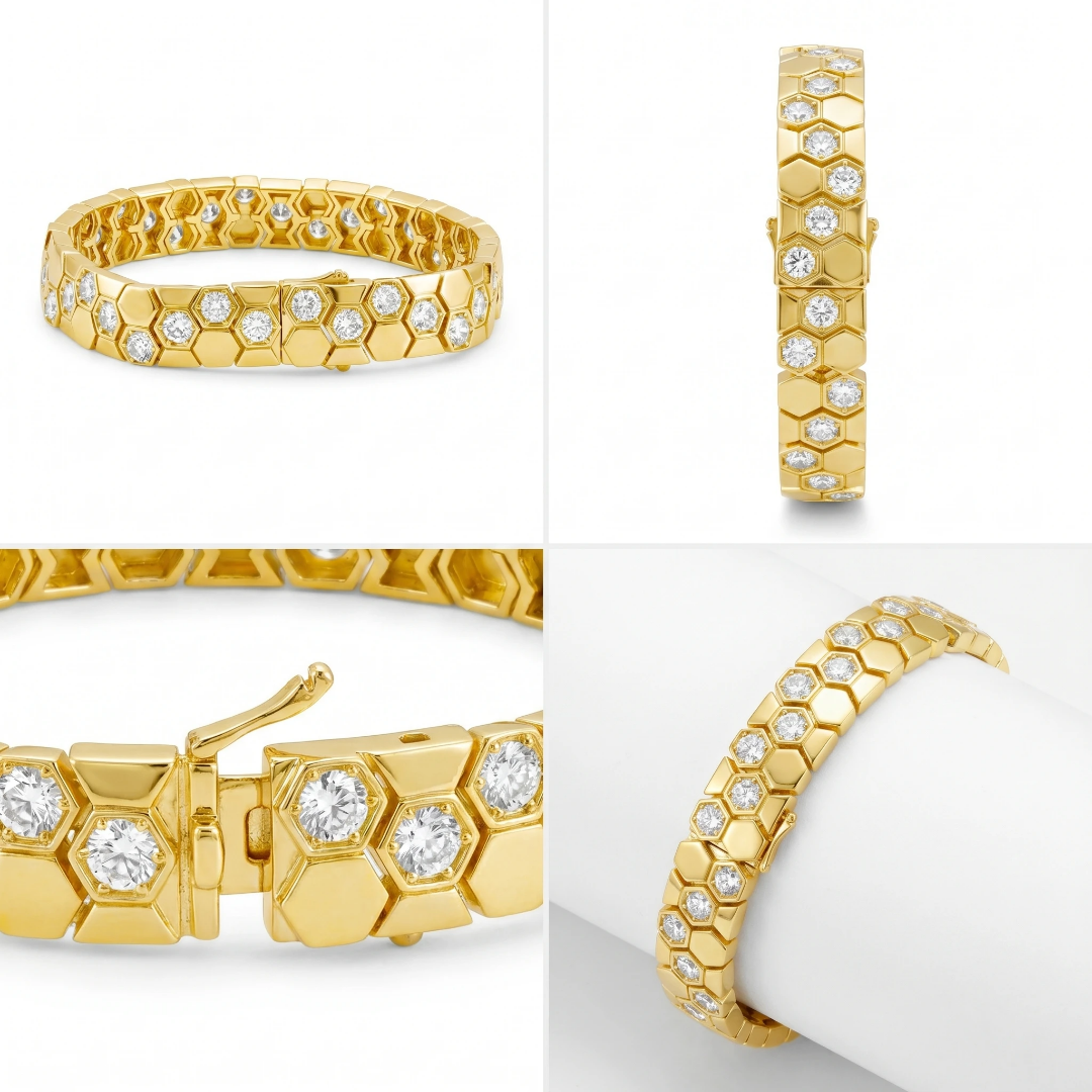 Gold Honeycomb Bracelet Gold Honeycomb Bracelet with Hexagon Stone Setting in Sterling Silver 925