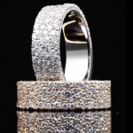 Half Pave Wide Band in Gold with Pave Stones and Polished Finish