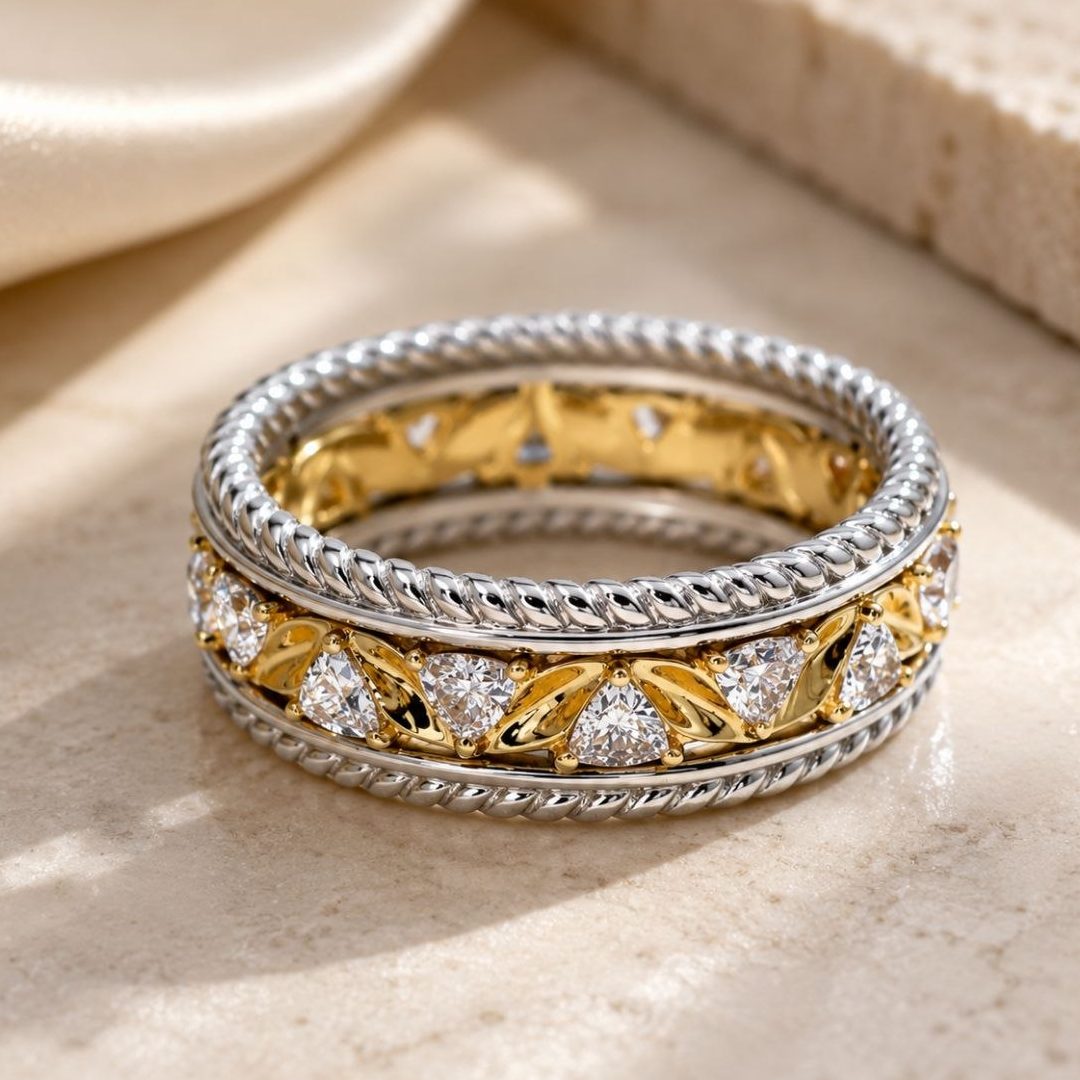 Two-Tone Diamond Filigree Band-1 Two-Tone Diamond Filigree Band in Yellow and White Gold with Channel Set Stones