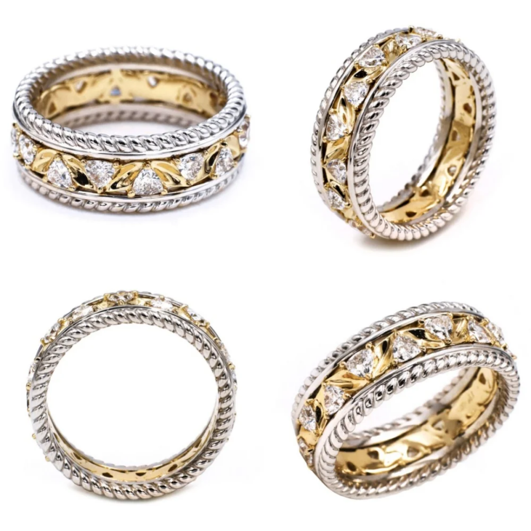 Two-Tone Diamond Filigree Band Two-Tone Diamond Filigree Band in Yellow and White Gold with Channel Set Stones