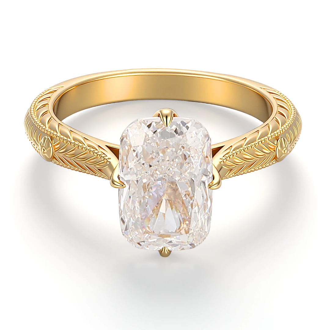 Elongated Cushion Cut Engraved Solitaire Ring-1 Elongated Cushion Cut Engraved Solitaire Ring in Yellow Gold