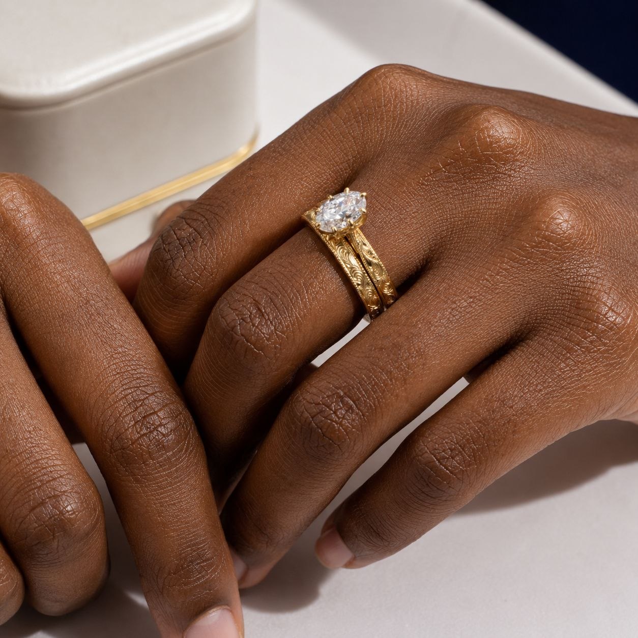 Oval Cut Vintage Engraved Bridal Set-1 Oval Cut Vintage Engraved Bridal Set in Yellow Gold