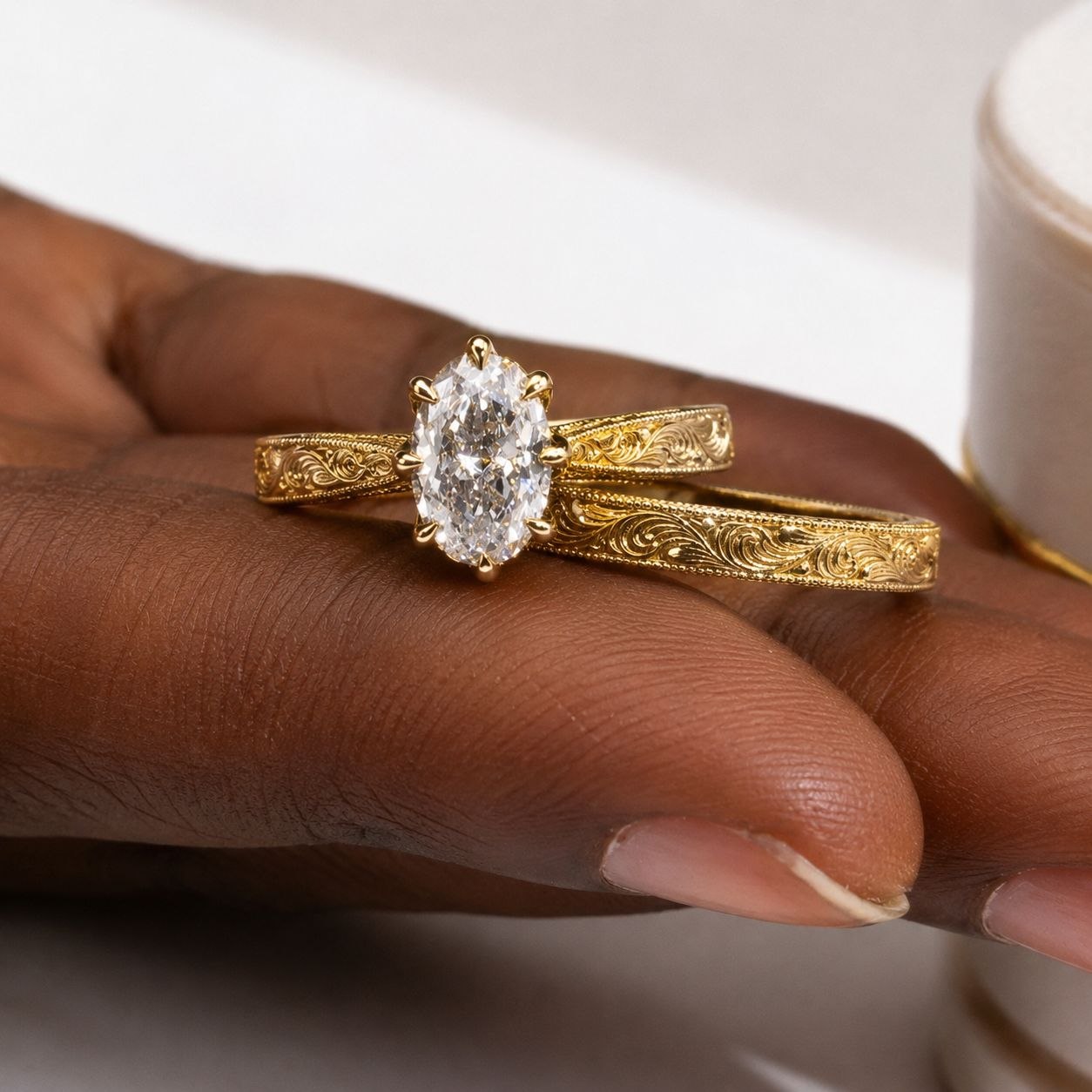 Oval Cut Vintage Engraved Bridal Set-2 Oval Cut Vintage Engraved Bridal Set in Yellow Gold