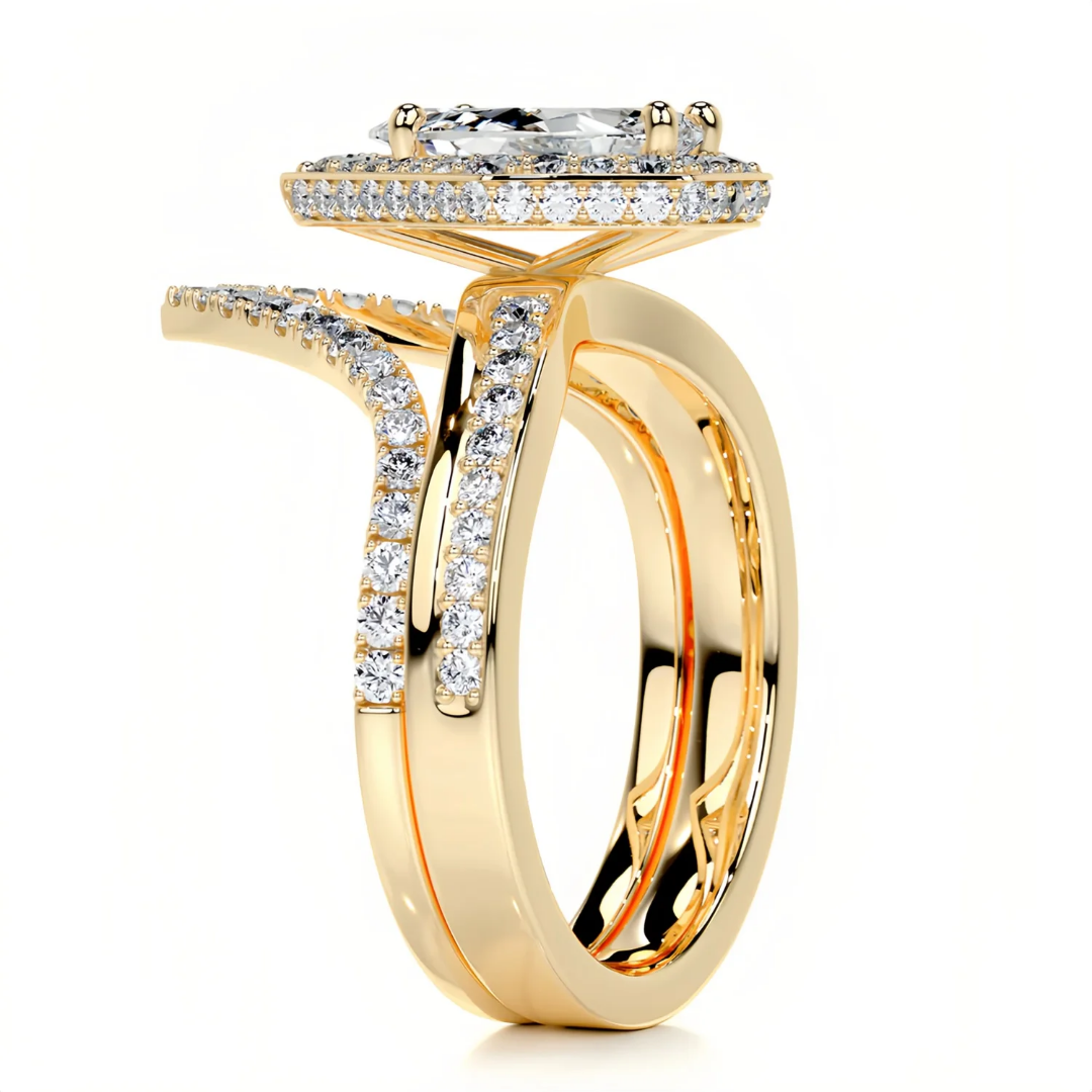 Pear Cut Halo V-Band Bridal Set Pear Cut Halo V-Band Bridal Set in Yellow Gold