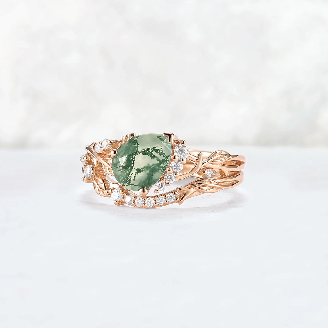 Pear Cut Moss Agate Leaf Vine Bridal Set-1 Pear Cut Moss Agate Leaf Vine Bridal Set in Yellow Gold