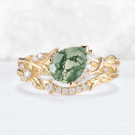 Pear Cut Moss Agate Leaf Vine Bridal Set in Yellow Gold