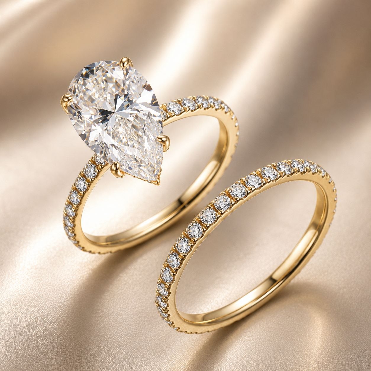 Pear Cut Pavé Solitaire Bridal Set-1 Pear Cut Pavé Solitaire Bridal Set in Yellow Gold