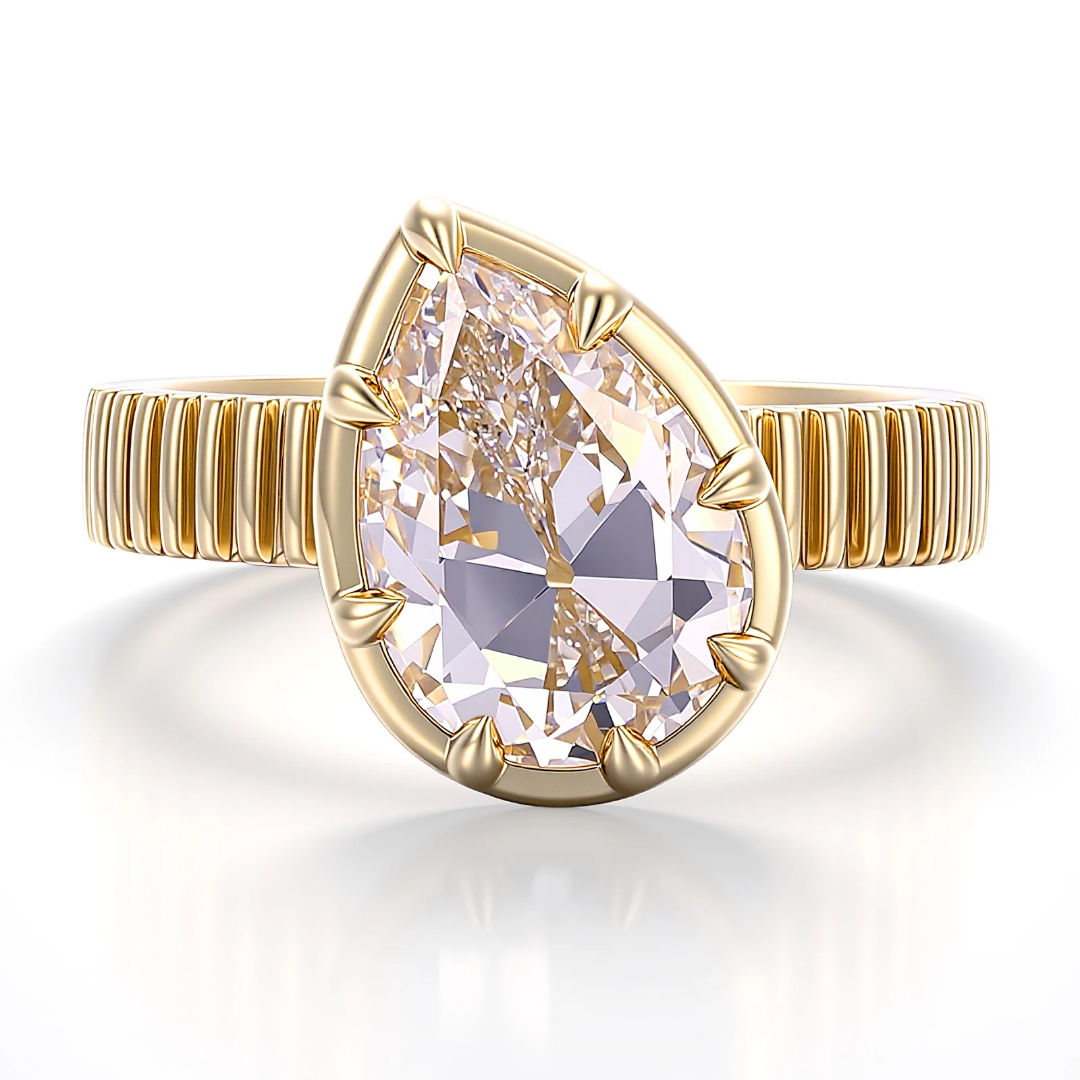 Pear Cut Solitaire Ring Ridged Band-2 Pear Cut Solitaire Ring with Ridged Yellow Gold Band
